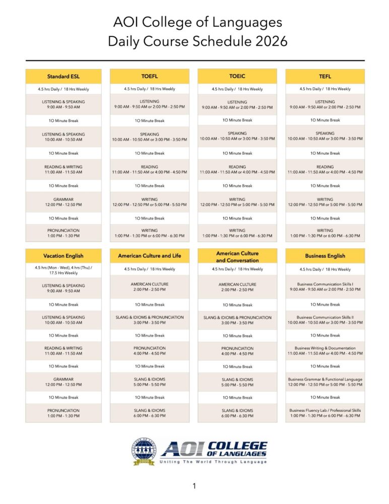 AOI College of Languages Daily Course Schedule 2026