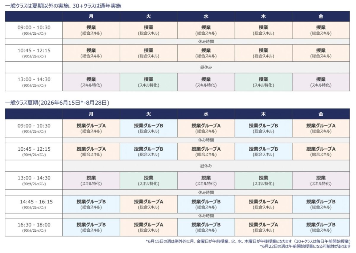 EC ニューヨーク校 コーススケジュール 時間割