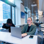 November 17, 2022 New York, NY Students at Mercy College Manhattan pose for photos. Photograph by Kenneth Gabrielsen.